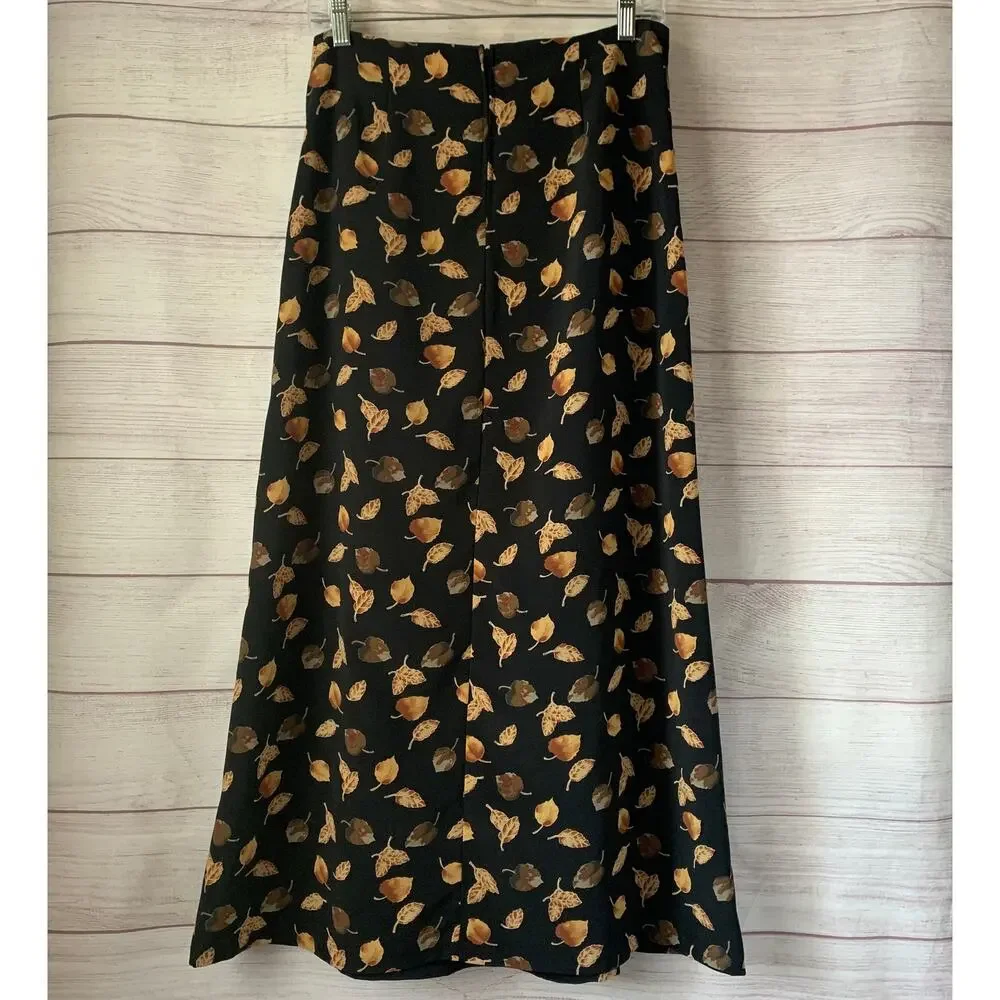 Top Choice Fashion Vintage A-Line Maxi Skirt Black Gold Leaf Size Medium